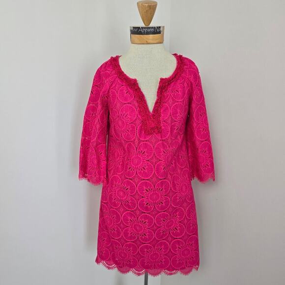 Trina Turk Hot Pink 3/4 Sleeves V Neck Lace Lined Mini Dress Sz 0 (645) - Picture 1 of 8